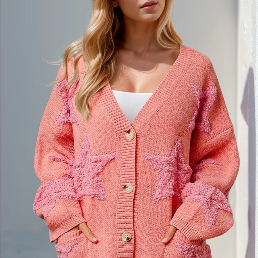 Sale🚨Women's Star Patterned Pink Cardigan - Picture 7 of 7